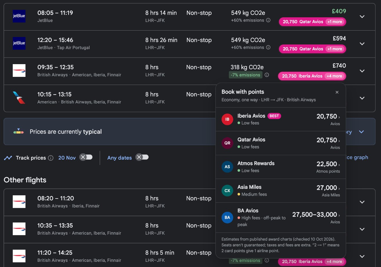 Google Flights results for London to New York with SeeThePoints pills under each fare and the points panel open on a British Airways flight